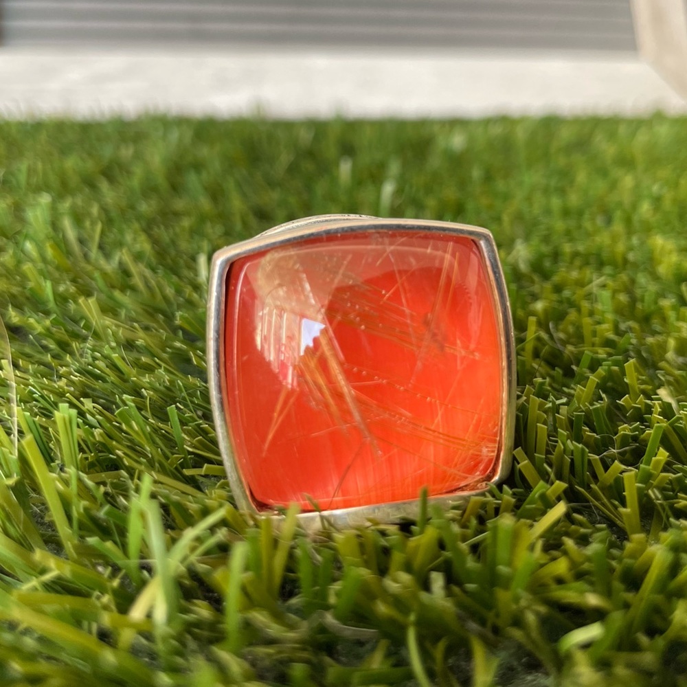 PIANEGONDA RITULATED ORANGE QUARTZ STERLING STEEL RING - Picture 3 of 10